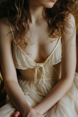 Fototapeta premium A woman wearing a white dress is sitting on a couch