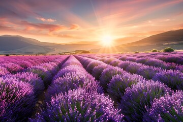 : Lavender field in full bloom with a majestic sunrise in the background.