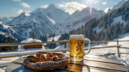 Beer and Pretzel Against Mountain Backdrop - obrazy, fototapety, plakaty