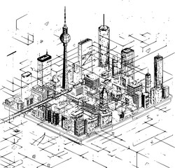 Obraz premium Isometric Wireframe of Berlin City, Minimalistic Hologram