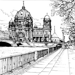 Black and White Line Art of Berlin City, Simplistic Design