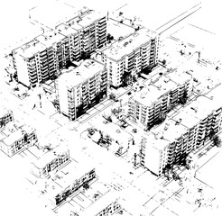 Blueprint of Berlin City Neighborhood, Tall Buildings Sketch
