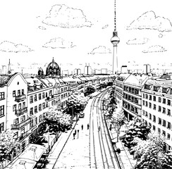Black and White Line Drawing of Berlin City, Timeless Charm
