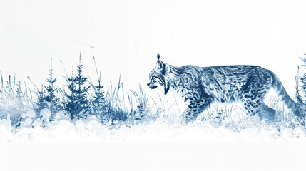 Lynx gracefully stalking through snow winter landscape Cool blues and whites vintage illustration serene atmosphere detailed fur texture - obrazy, fototapety, plakaty