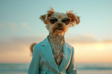 Portrait of a dog in a business suit, dog in sunglasses, outside background