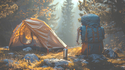 Camping in forest, yellow tent and backpack. Oneness with nature