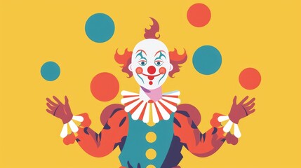 Illustration of a clown juggling depicted in a sleek and simple flat 2d icon style