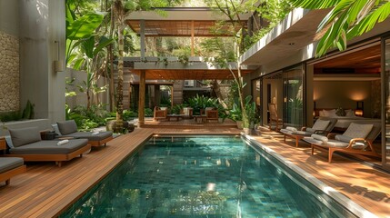 Serene Garden Oasis with Sleek Pool and Modern Deck. Concept Garden Design, Outdoor Living Spaces, Pool Renovation, Sustainable Landscaping - obrazy, fototapety, plakaty