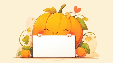 Capturing a flirty smiling face emotion with a kiss gesture while holding a whiteboard with a playful yellow and orange pumpkin fruit cartoon mascot illustration - obrazy, fototapety, plakaty