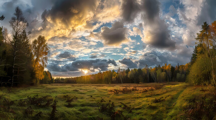 Sunset Over a Lush Forest With Dramatic Cloud Formations