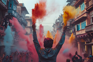 People celebrating the Holi festival of colors in Nepal or India, traditional gulal color paint powder for Holi.