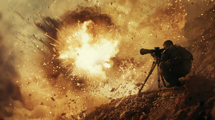 Tension in the battlefield: Sniper soldier and bomb in the foreground. - 789602902