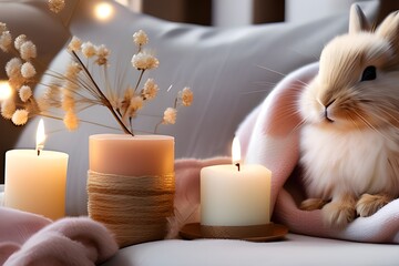 1) A rabbit sitting next to candles and a blanket, creating a cozy Easter atmosphere with warmth and rustic charm.
