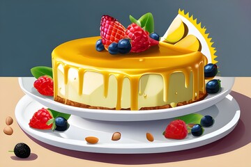 . Decadent durian cake on white plate with fresh fruits and scattered flowers.