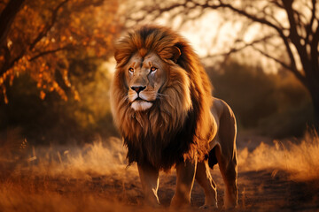 A majestic lion is standing in the savannah at sunset, with tall grass and acacia trees under an...