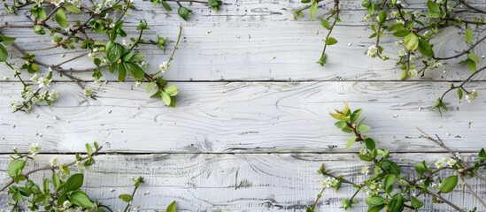 A top-down view of a weathered white wooden surface with green leaves, providing space for text. Spring branches arranged on a worn background, creating a flat lay composition.
