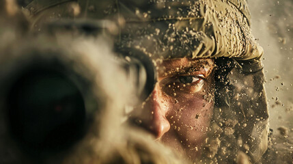 Focused Sight: Sniper soldier in action.