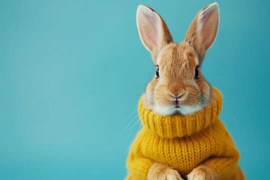 Cute bunny in a yellow sweater, on blue background. Generative Ai