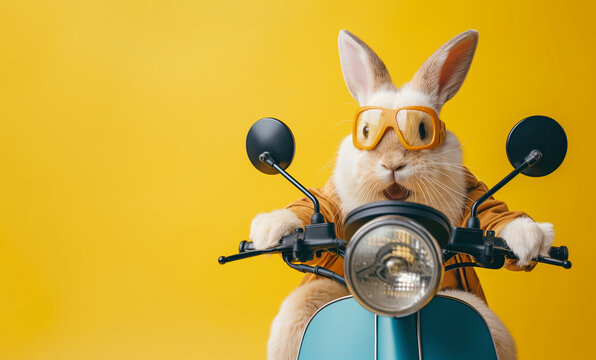 Cute bunny on a bicycle, on yellow background, Ai