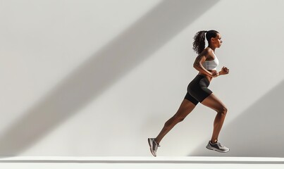 Craft a photorealistic digital rendering of a side view fitness enthusiast in mid-stride, showcasing their strength and focus with intricate details