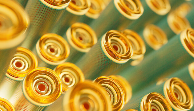 Close-up of Optical fiber cable with green metal