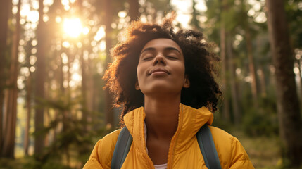 Young female tourist breathes fresh air at a campsite in the forest.