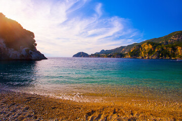 fantastic morning view on pebble beach Agia Triada,  Corfu island, Europe	