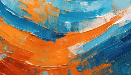 Abstract orange and blue acrylic surface. Oil painting texture on canvas. Hand painted.