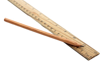 Wooden ruler and pencil on white background