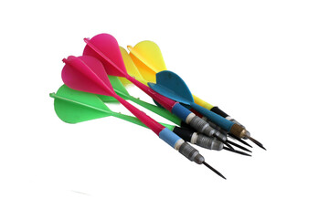 Colorful darts stuck with plastic feathers isolated on white background