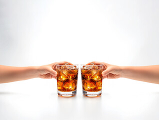 two hands isolated on white toasting with glasses of dark soda, cola drink 