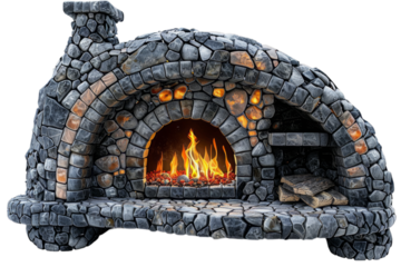 Rounded Stone Oven with Archway and Fire. Classic Wood-Fired Oven with Natural Stone Exterior on Transparent Background. Rustic Outdoor Cooking and Design Concept. Design for Culinary Poster
