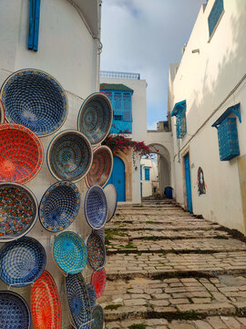 idi Bou Said, a famous village with traditional white and blue Tunisian architecture and flowering plants. Tunisia.