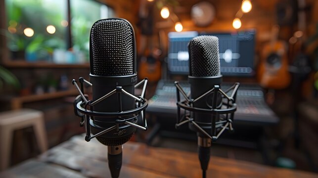Duo Mics Await Voices in Cozy Studio Ambiance. Concept Podcast Recording, Dual Microphones, Studio Setup, Cozy Ambiance