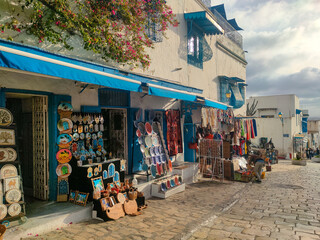 Sidi Bou Said, a famous village with traditional white and blue Tunisian architecture and flowering...