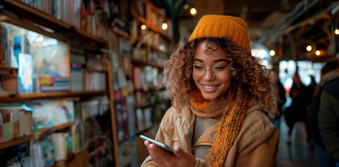 20s african american woman, smiling and using her phone at a library 
