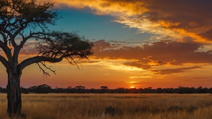 sun setting in the African savannah, with fiery clouds
