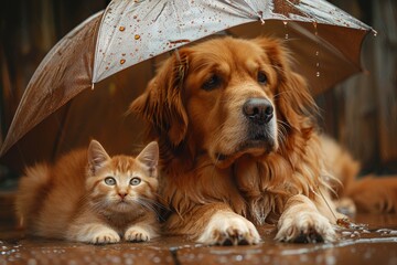 A serene golden retriever lies under an umbrella, shielding from the rain, showcasing loyalty and protection