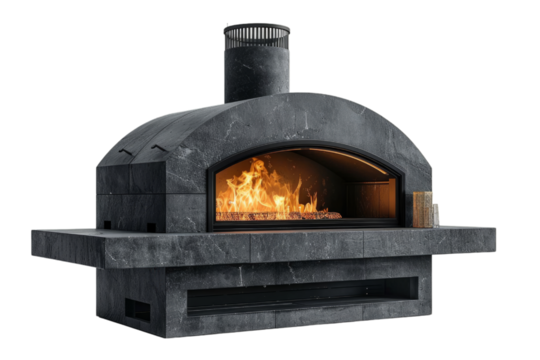 Sleek modern concrete pizza oven with active fire, isolated on white background. Contemporary outdoor kitchen concept. Design for minimalist home patio brochure, modern barbecue catalog