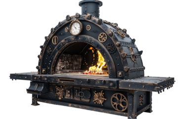 Vintage steampunk pizza oven with fire inside isolated on white background. Steampunk design concept. Design for restaurant menu, food blog, kitchen poster