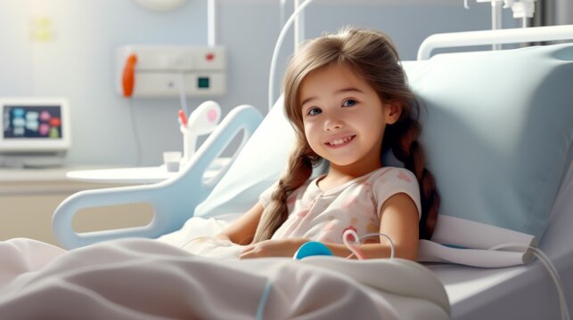 Brave Little Patient in Hospital Bed Smiling. Generative ai