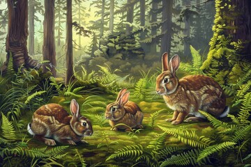 Nostalgic wallpaper scene of rabbits frolicking in a lush green meadow near the woods