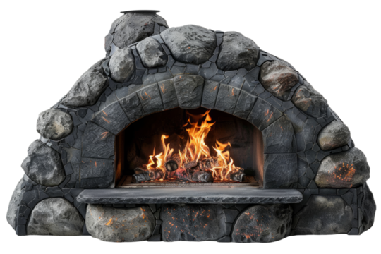 Arched stone pizza oven with active fire isolated on transparent background. Rustic outdoor cooking concept