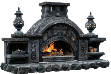 Ornate classic stone barbecue with fire and decorative elements isolated on transparent background. Traditional outdoor cooking and elaborate design concept.