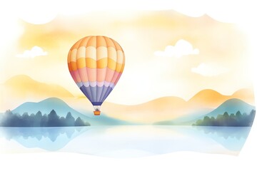 Hot Air Balloon, Colorful hot air balloon floating over a tranquil landscape at sunrise