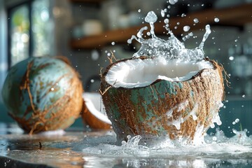 A vivid image capturing a fresh coconut breaking open with water splashing out - obrazy, fototapety, plakaty
