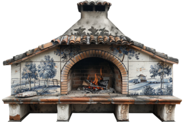 Traditional Portuguese barbecue fireplace with azulejos tilework and wood fire isolated on transparent background. Mediterranean culinary heritage and alfresco dining concept.
