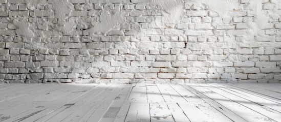 A white brick wall with a floor serving as a background or texture in an abstract photograph.
