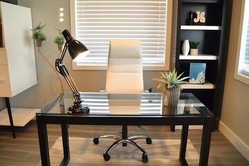 : Modern home office, glass desk, potted succulent plant, sleek chair