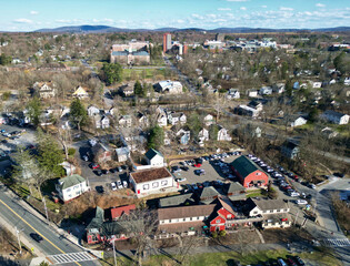 aerial view of main street in new paltz, new york (college university town) hudson valley, near...